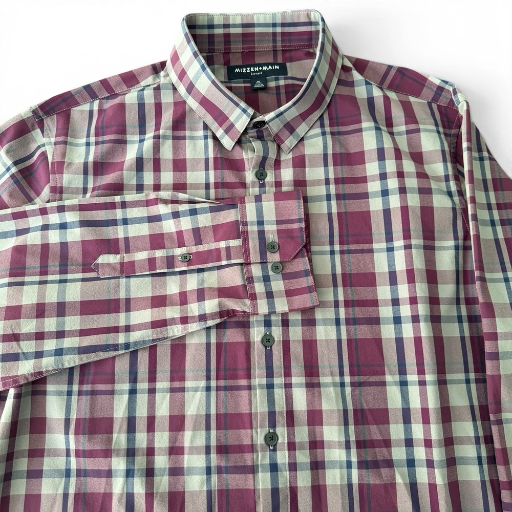 Mizzen+Main Leeward Long Sleeve Shirt Men XL Trim Purple Plaid Slim Stretch - Picture 10 of 12